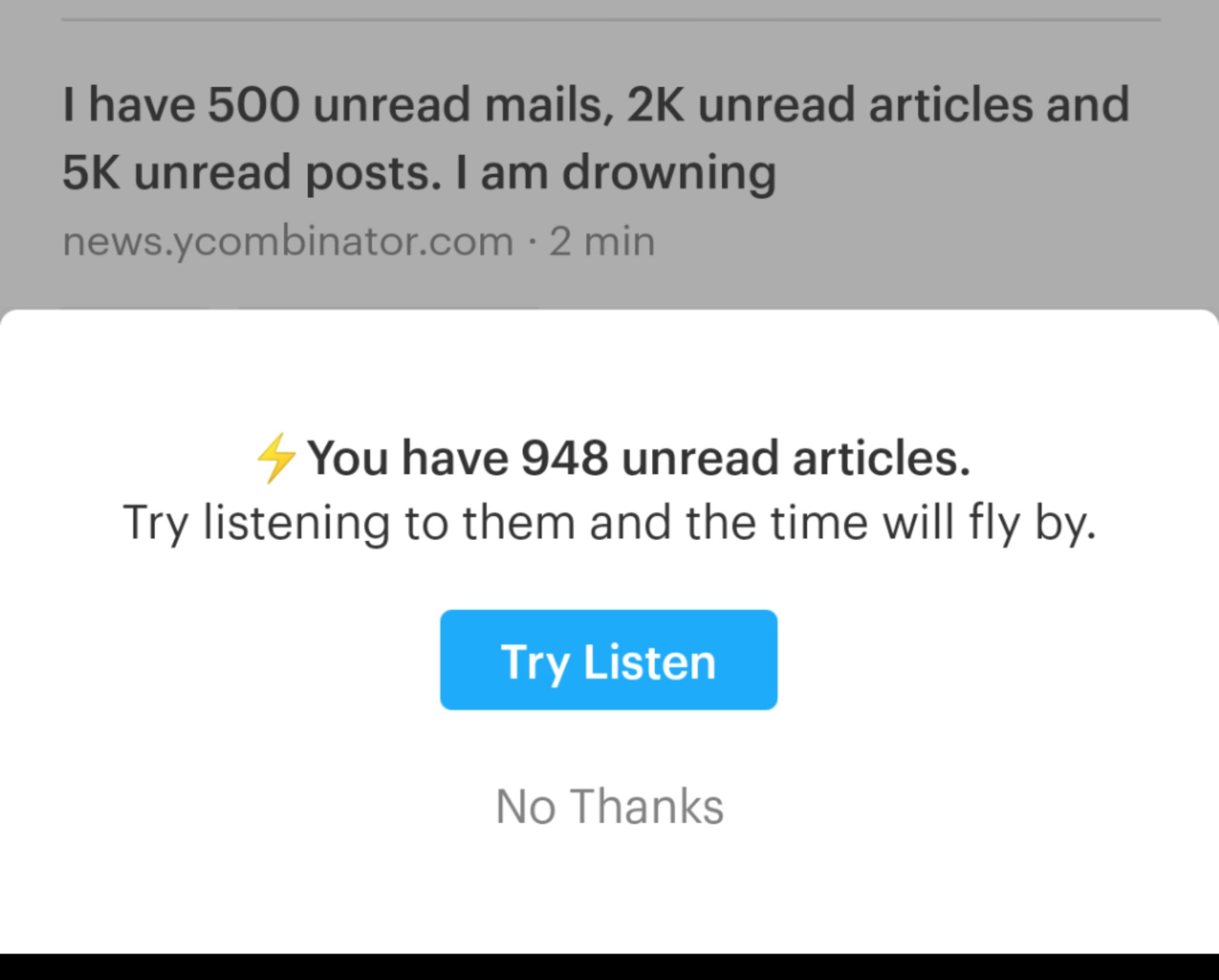 Pocket's Listen feature promotion telling me I have 948 things to read