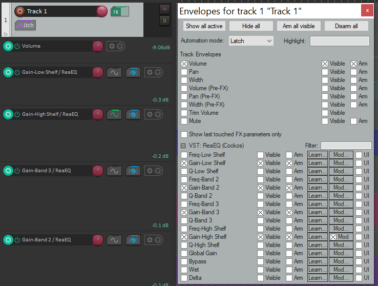 Envelope selection UI, with volume and EQ effects selected